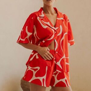 Women's Red Abstract Print Swim Cover-Up Shirt & Shorts Set